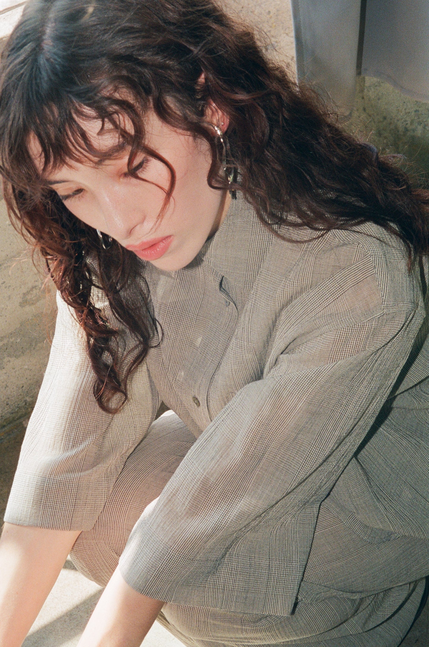 Oversized Short Sleeve Button Up Shirt in Taupe Plaid