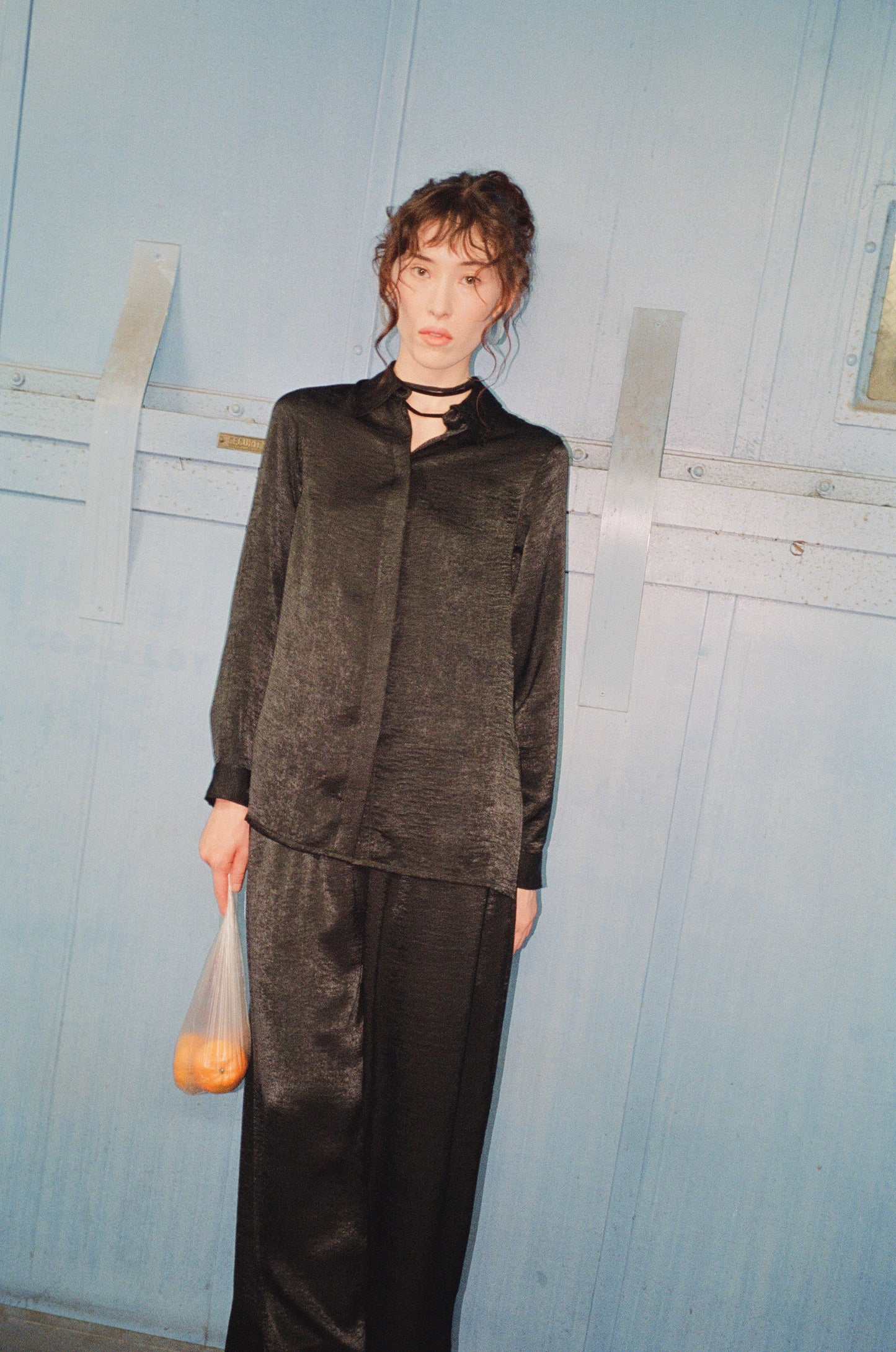 Button Up Shirt in Textured Black Satin