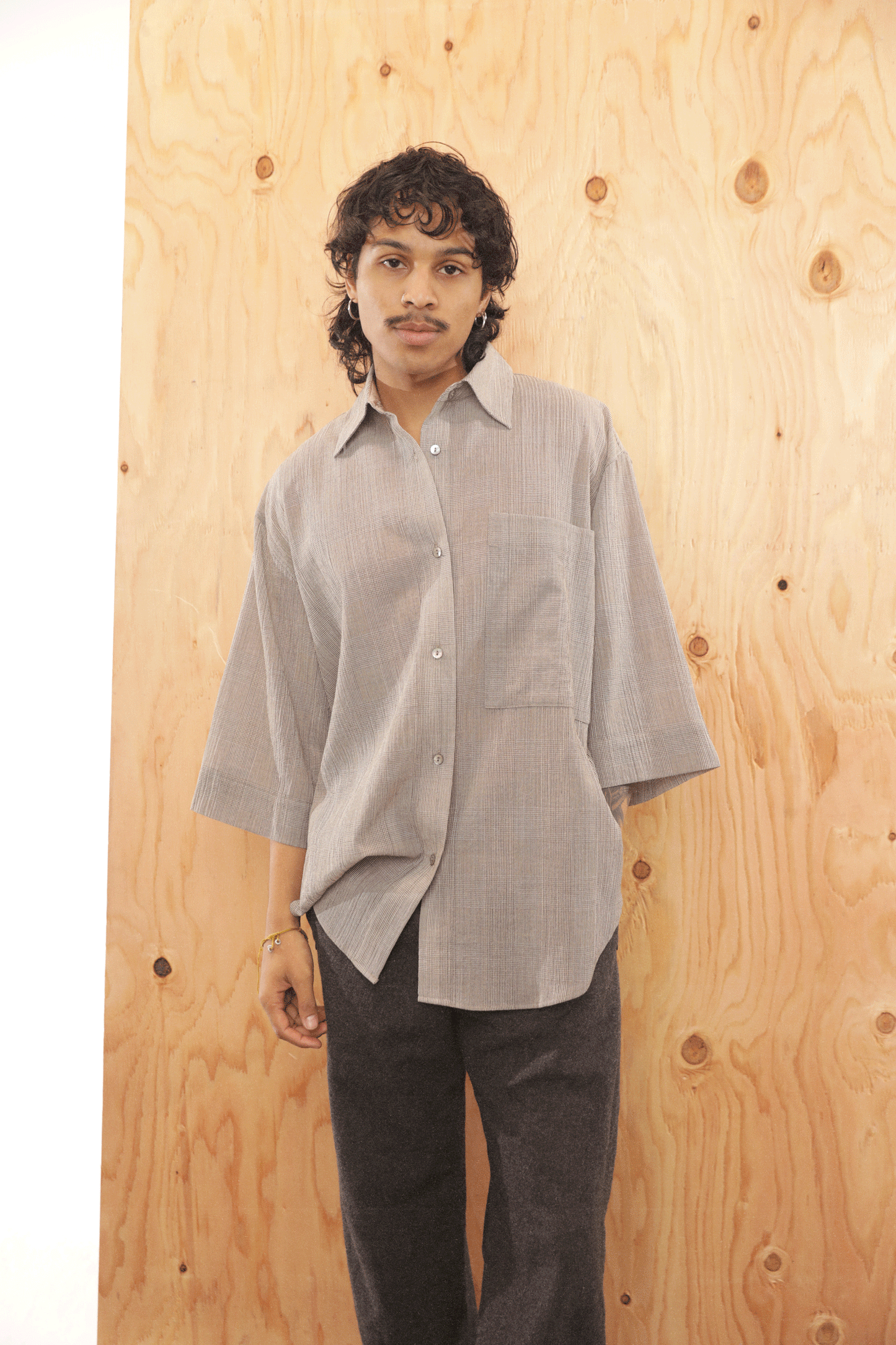 Oversized Short Sleeve Button Up Shirt in Taupe Plaid