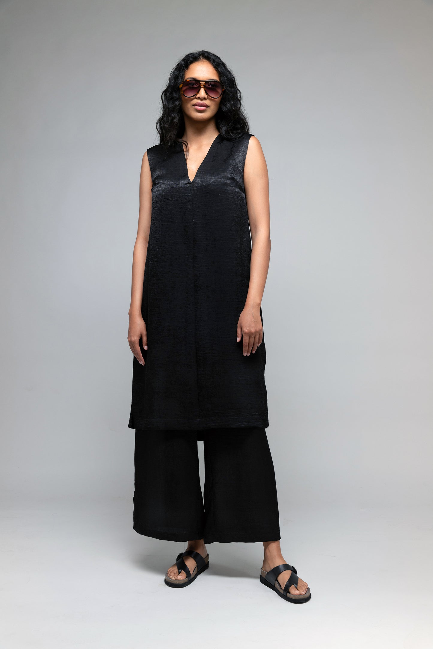Vee Paneled Dress in Textured Black Satin