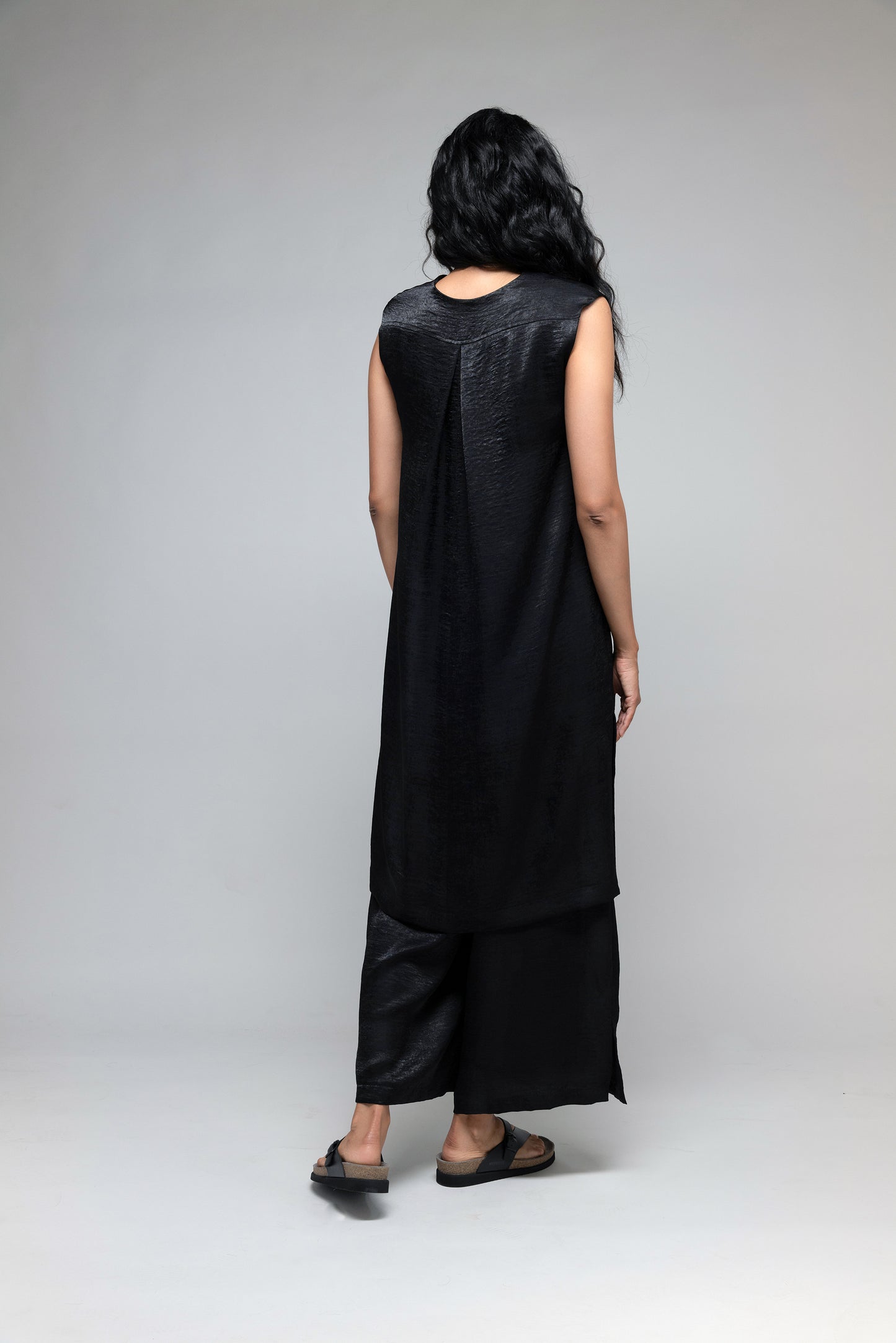 Vee Paneled Dress in Textured Black Satin