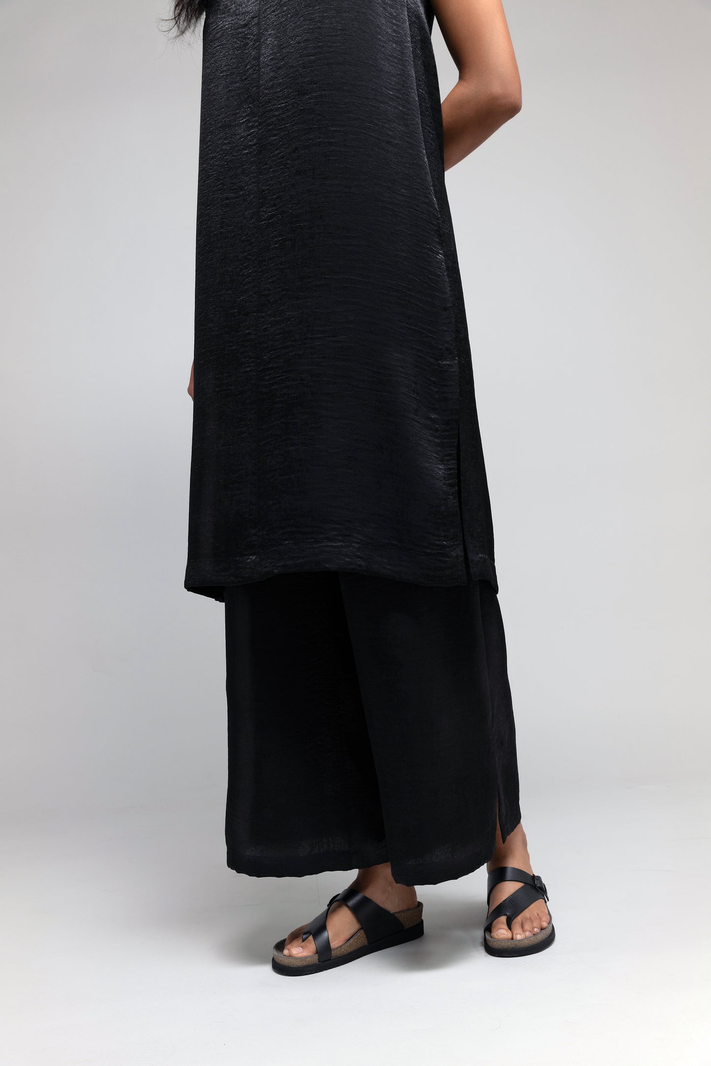 Vee Paneled Dress in Textured Black Satin