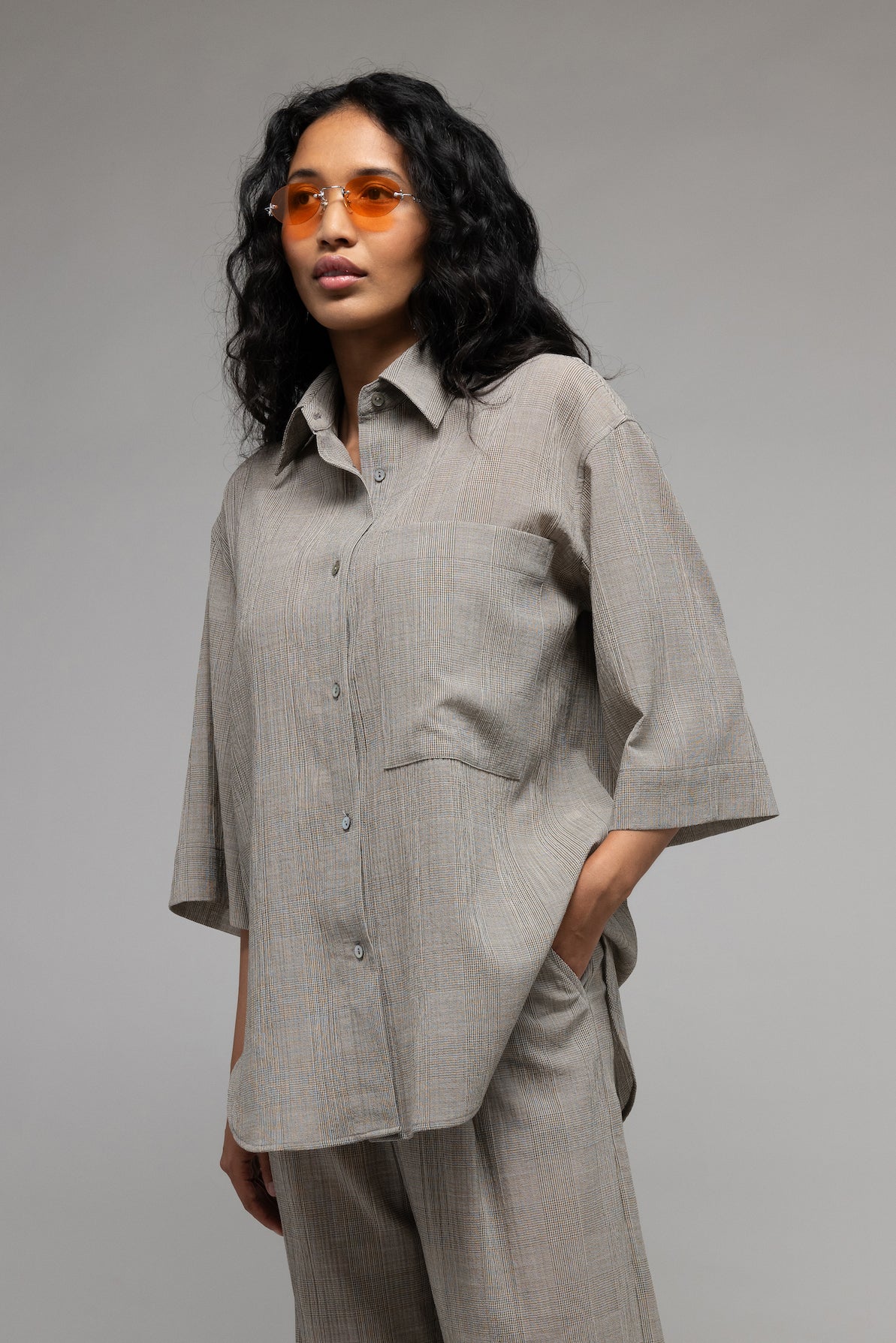 Oversized Short Sleeve Button Up Shirt in Taupe Plaid