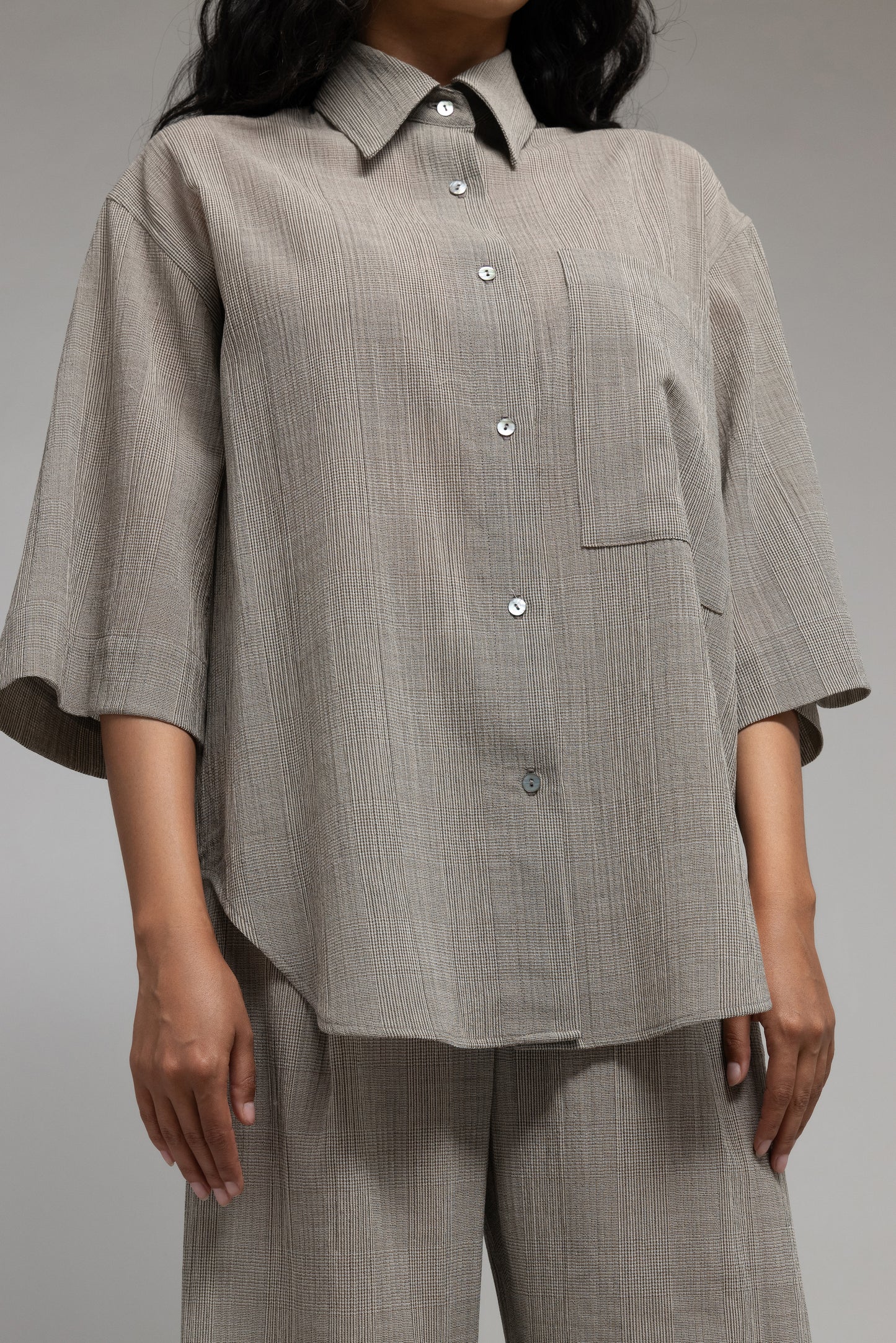 Oversized Short Sleeve Button Up Shirt in Taupe Plaid