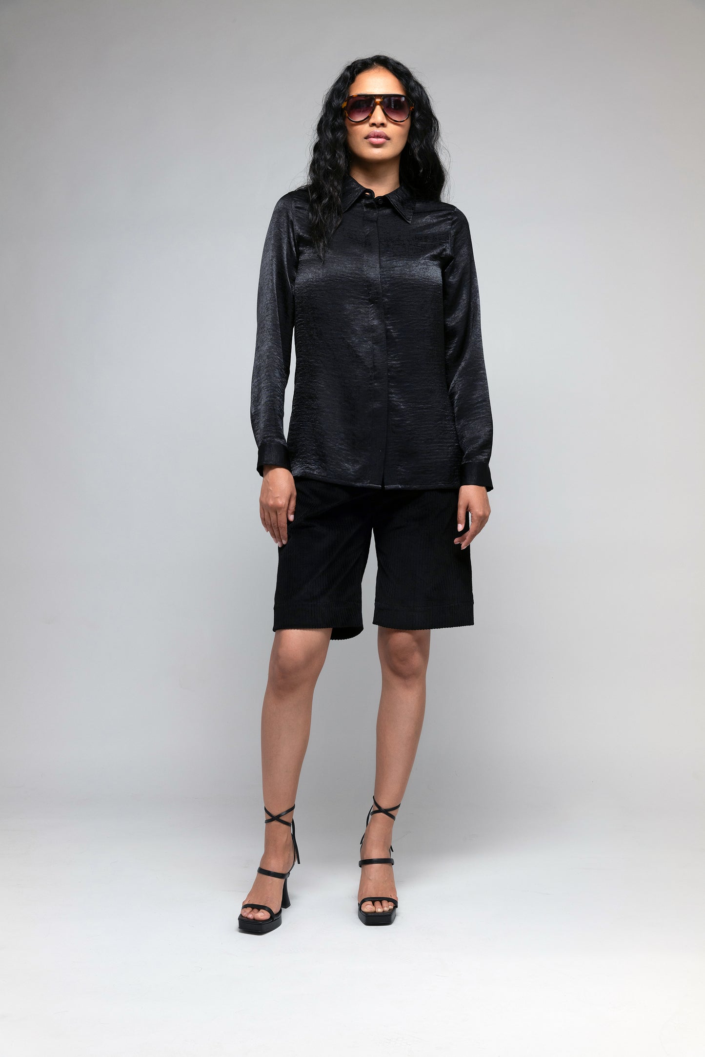 Button Up Shirt in Textured Black Satin