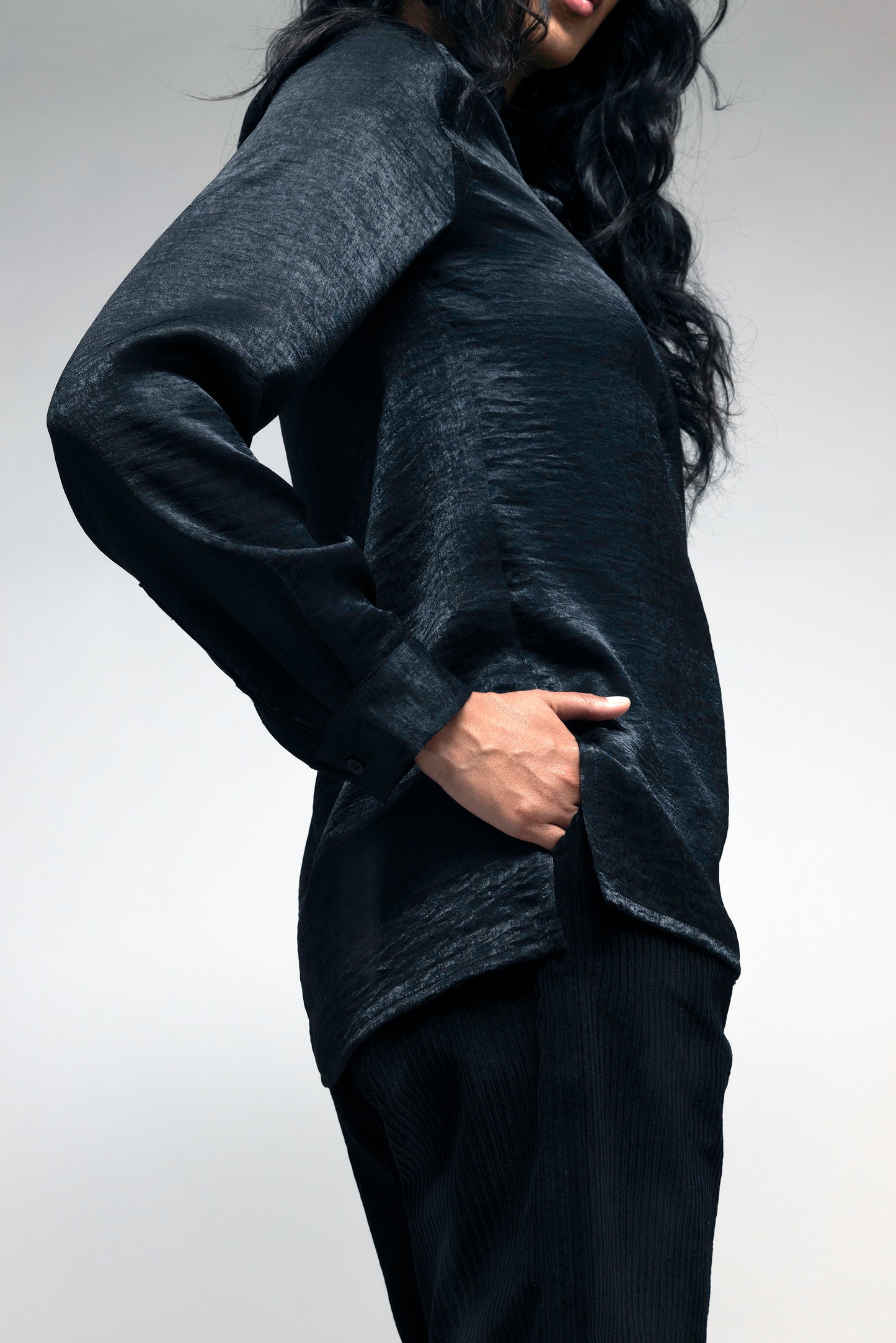 Button Up Shirt in Textured Black Satin