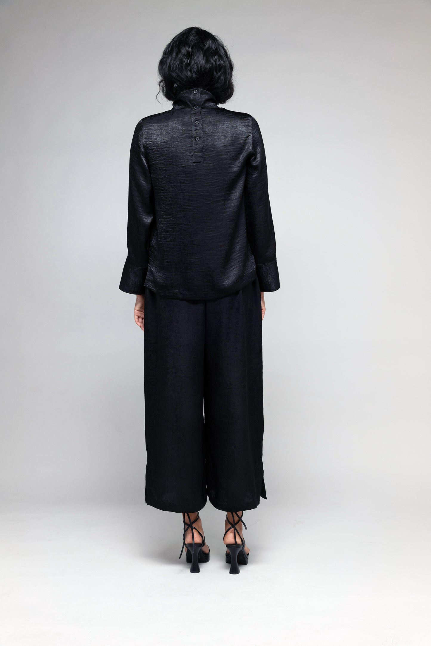 High Neck Blouse in Textured Black Satin
