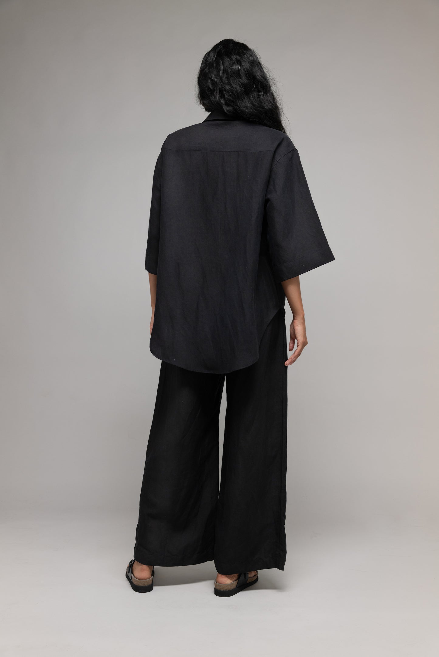 Oversized Short Sleeve Button Up Shirt in Washed Silk Linen