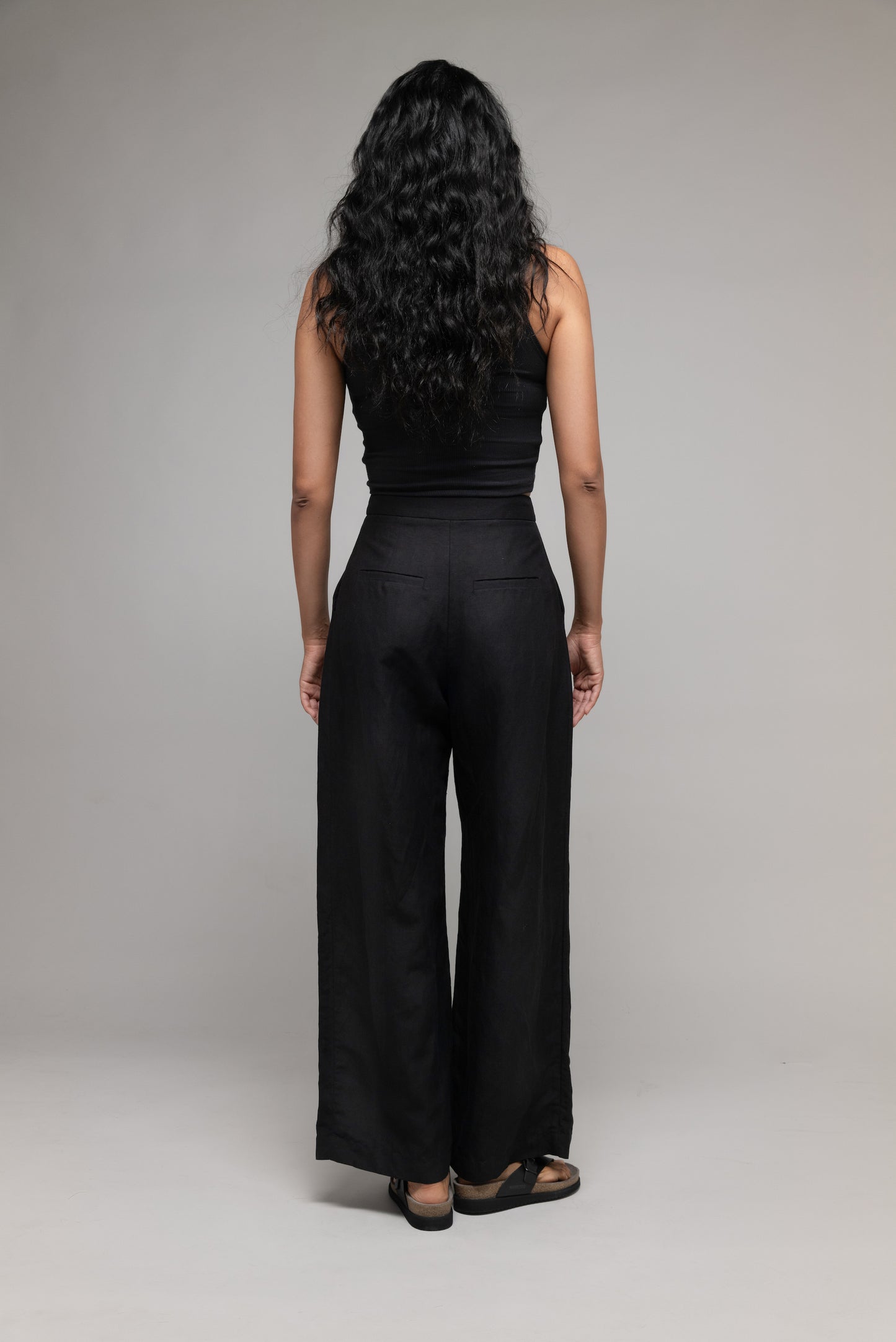 Deep Pleat Trouser in Black Washed Silk-Linen Blend