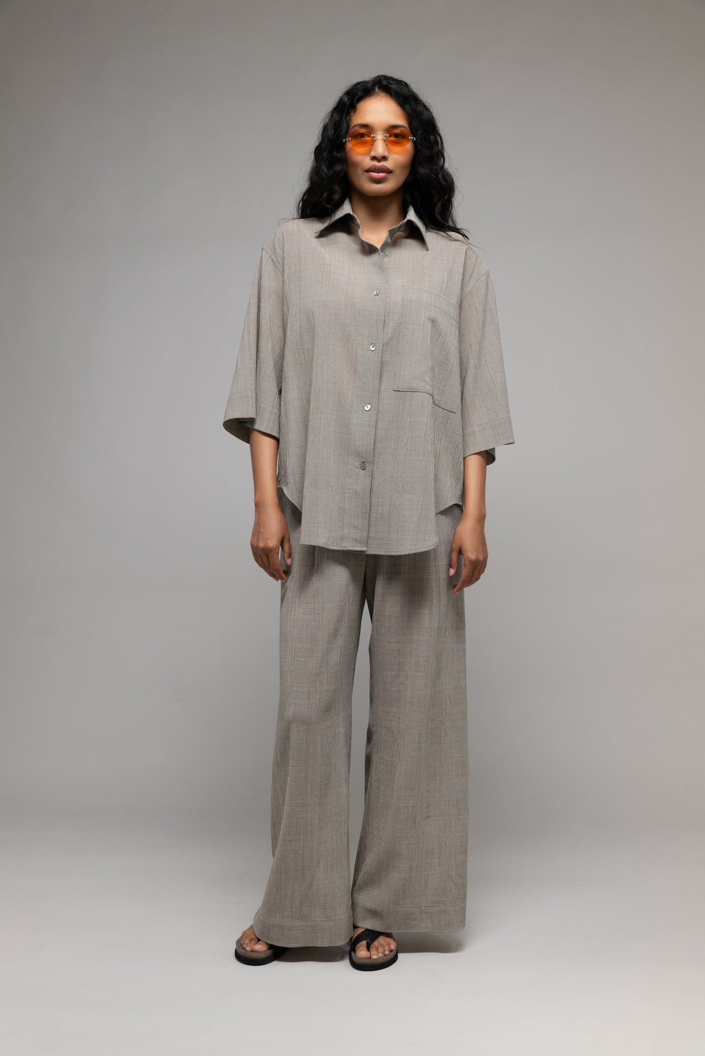 Oversized Short Sleeve Button Up Shirt in Taupe Plaid