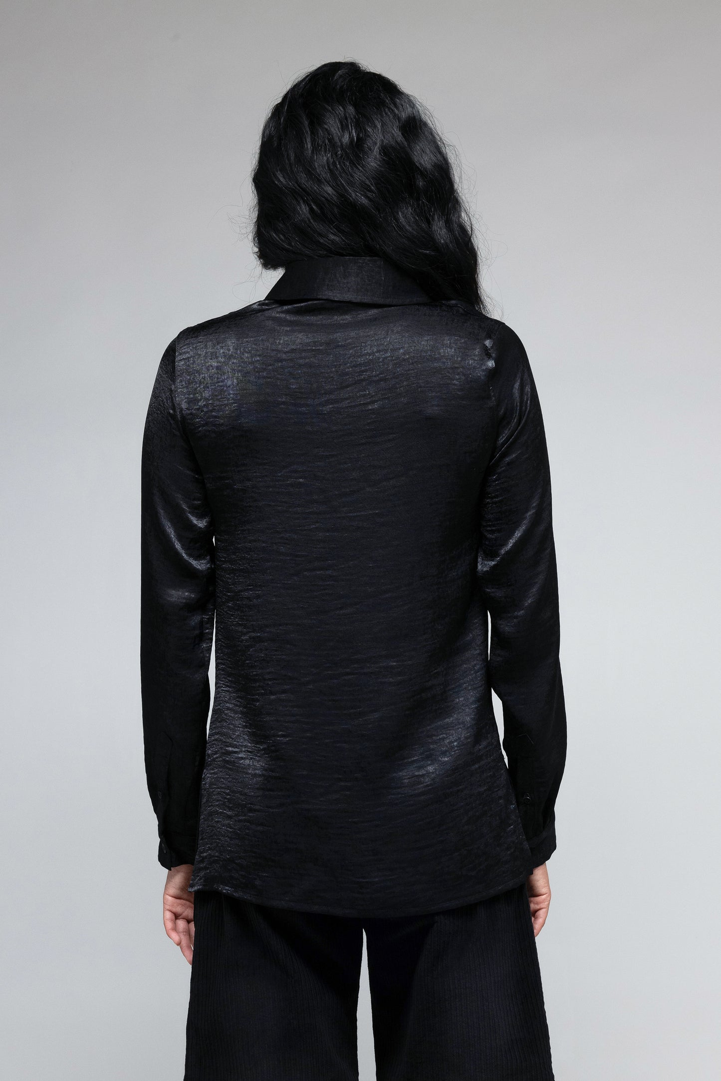 Button Up Shirt in Textured Black Satin