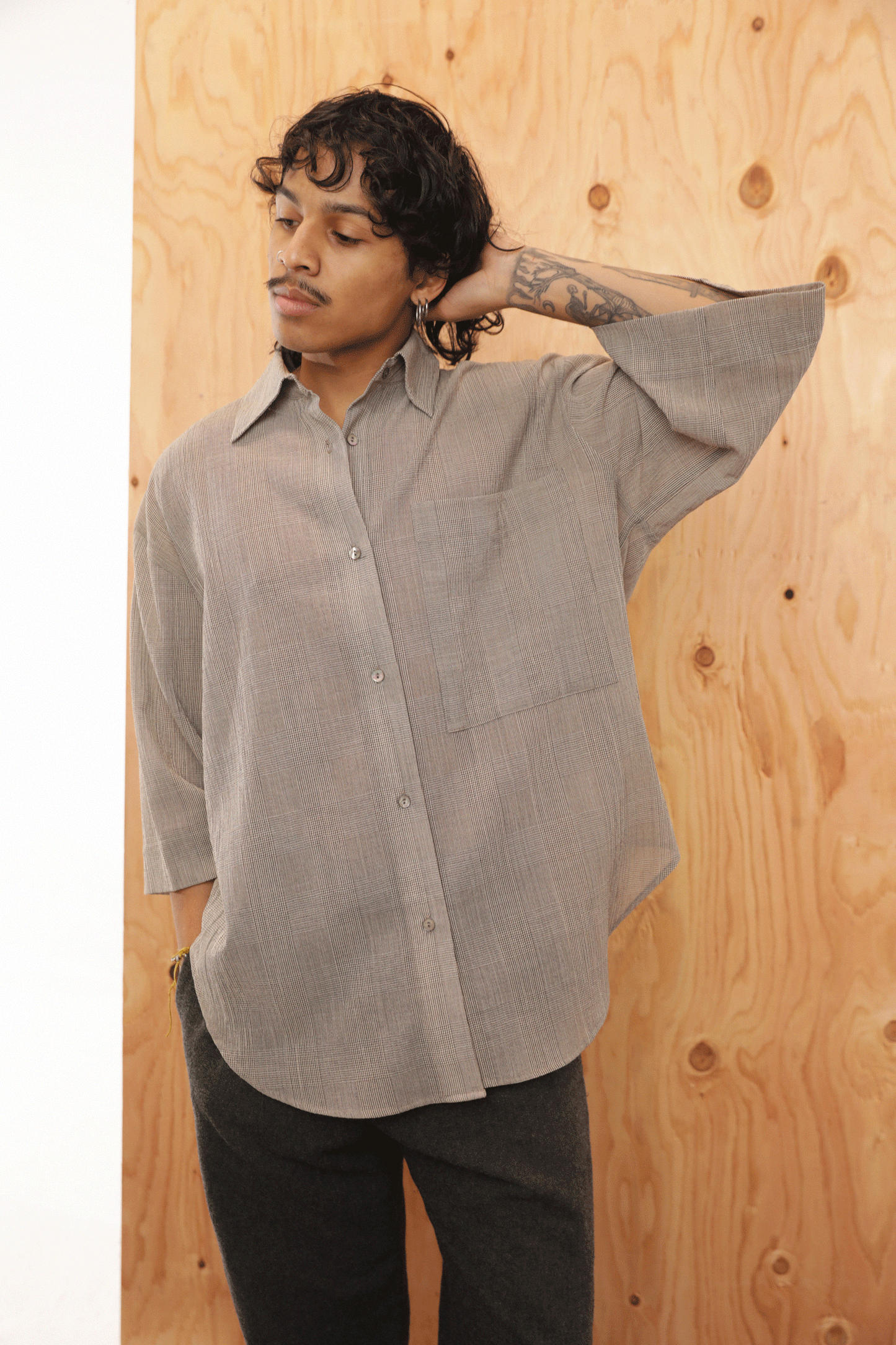 Oversized Short Sleeve Button Up Shirt in Taupe Plaid