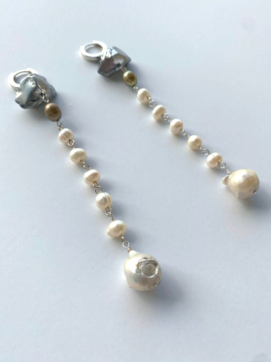 Mixxy Pearl & Glass Stone Long Drop Hoop Earrings