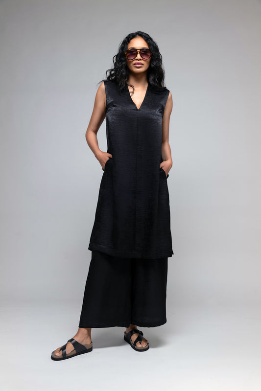 Vee Paneled Dress in Textured Black Satin