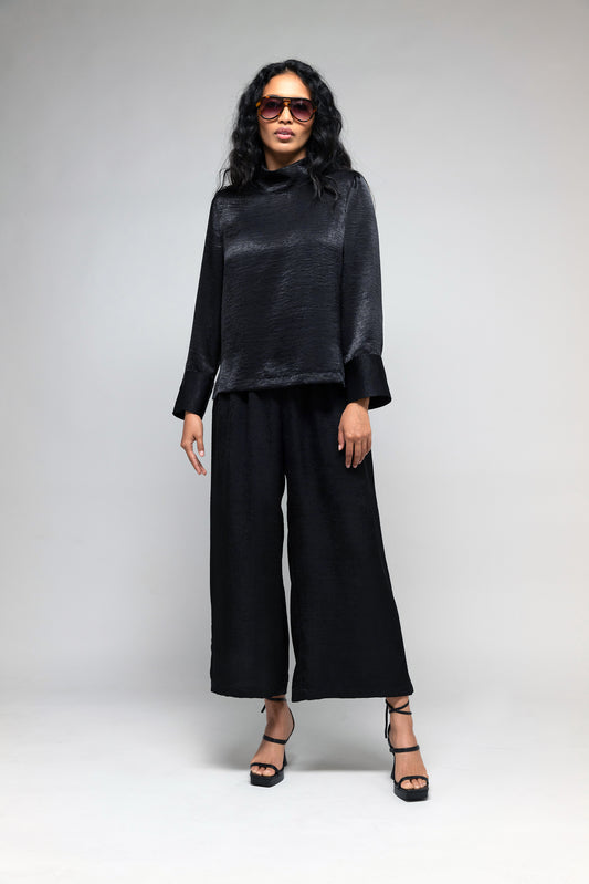 High Neck Blouse in Textured Black Satin