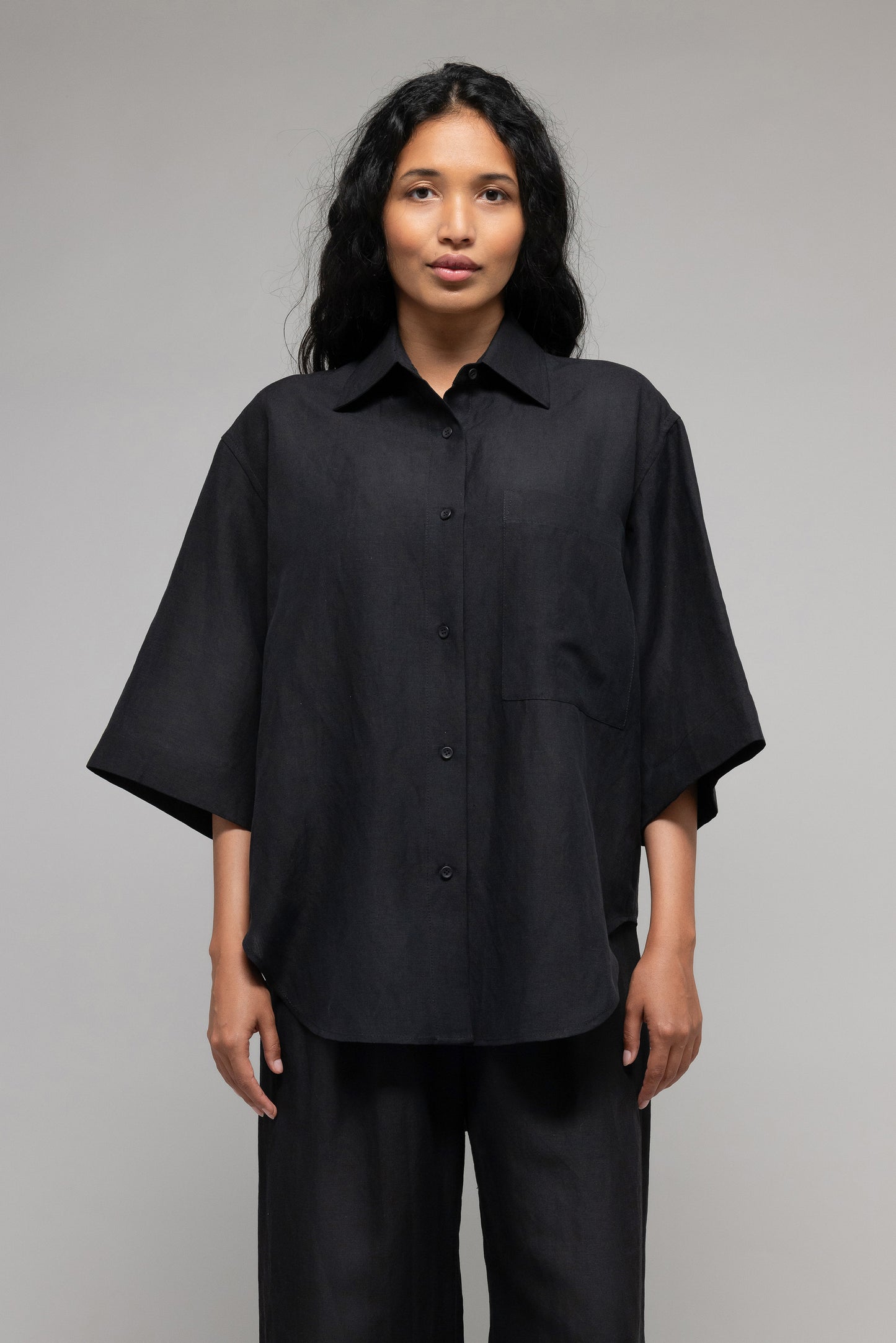 Oversized Short Sleeve Button Up Shirt in Washed Silk Linen