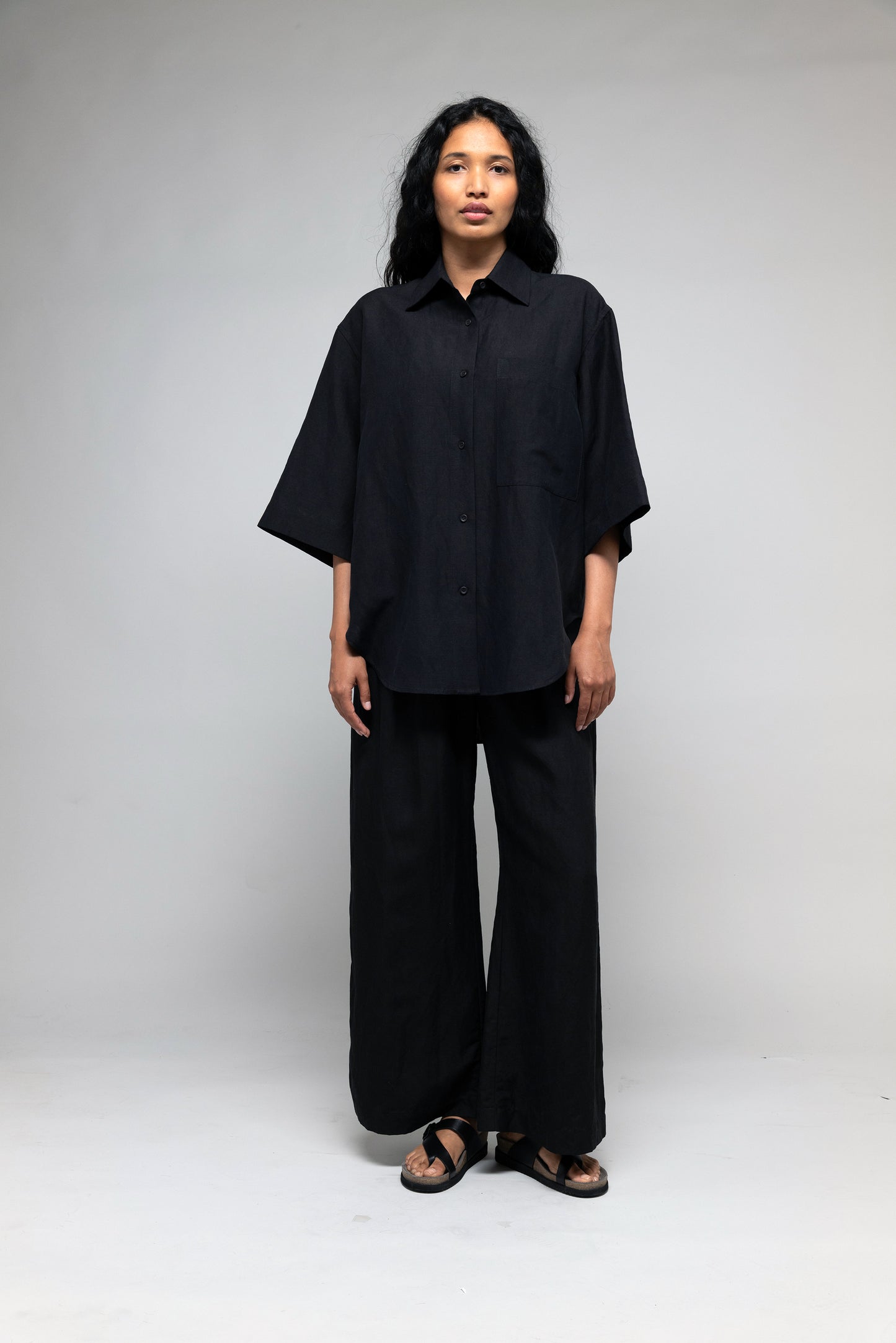 Oversized Short Sleeve Button Up Shirt in Washed Silk Linen